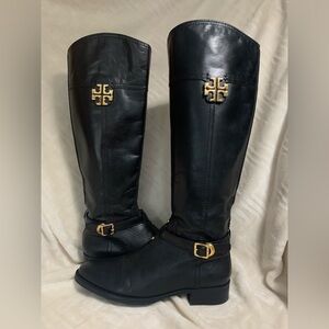 Tory Burch Black Heeled Boots with Gold Accents